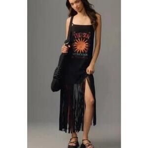 FARM RIO Sun & Stripes Maxi Dress Shredded Fringe Hem Celestial Boho | Sz M